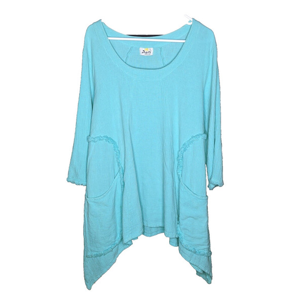 Dunes Relaxed Fashion Turquoise Flowy Fringe Pocket Tunic Top See Measurements - Picture 1 of 7